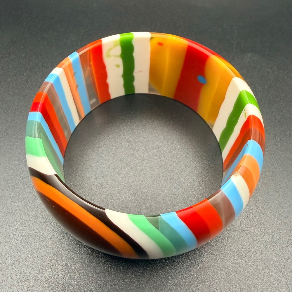 Vintage Bangle Bracelet Multicolor Laminated Striped Bullseye Chunky‎ Acrylic 8 - Picture 5 of 10